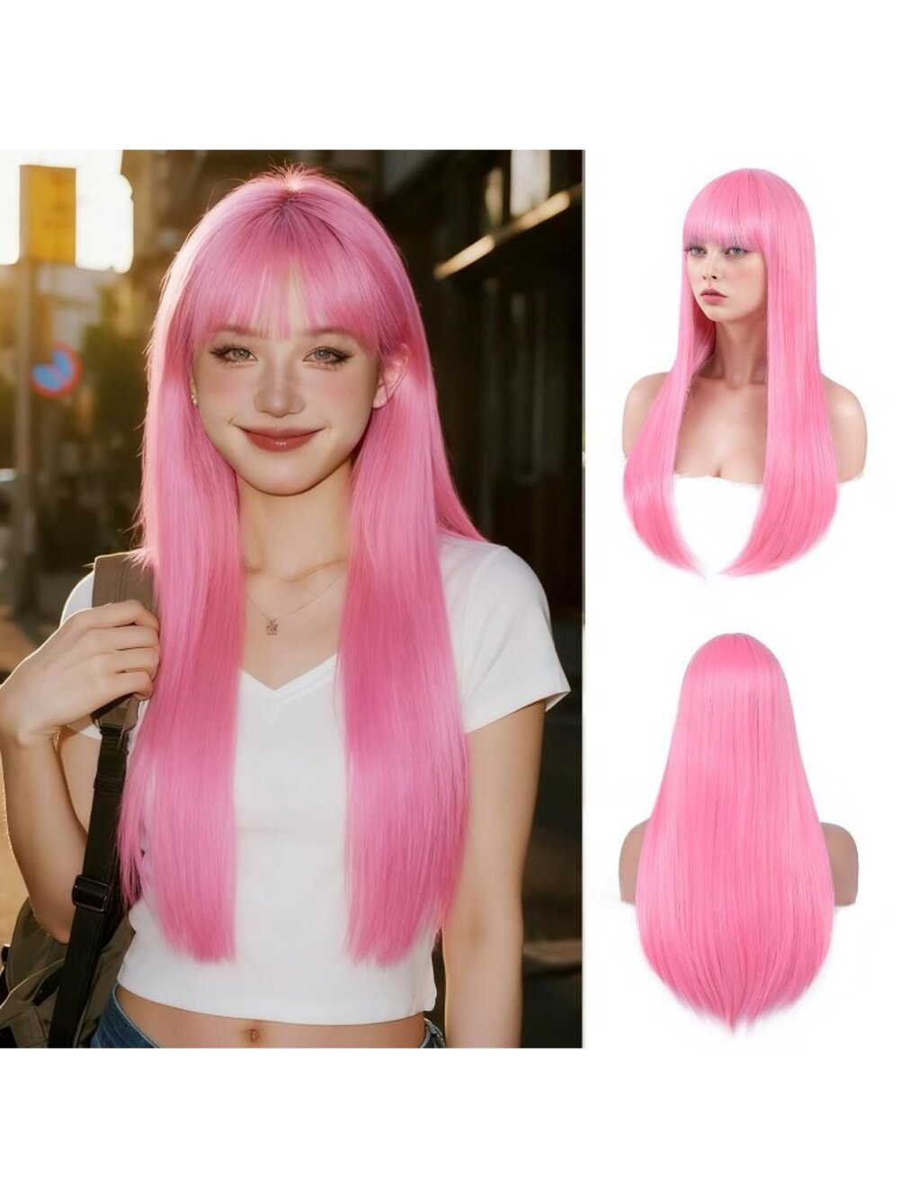 Women's Pink 24 Inch Heat Resistant Synthetic Long Straight Bangs Wig